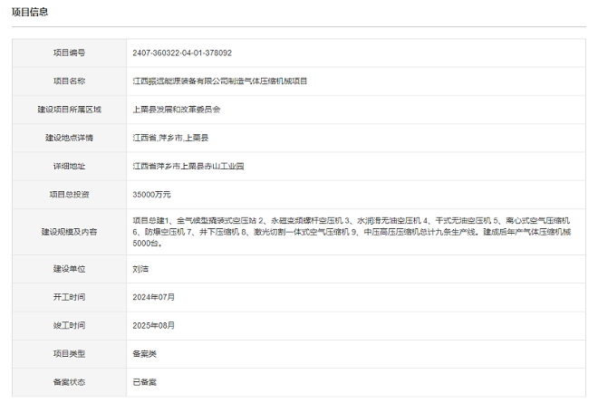 江西振遠能源裝備有限公司制造氣體壓縮機械項目備案(圖1)