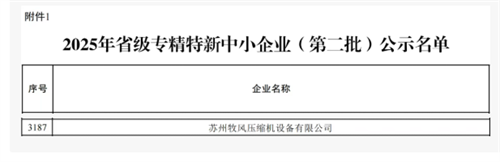 牧風空氣壓縮機通過2025年江蘇省級專業(yè)化、特殊化、新型中小(圖2)